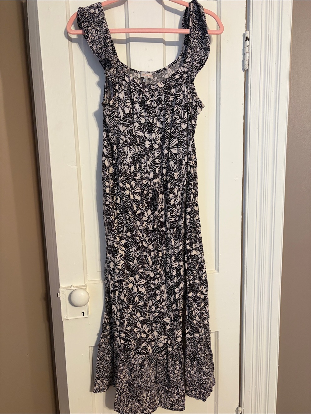 Black & White Floral Midi Dress with Ruffle Hem